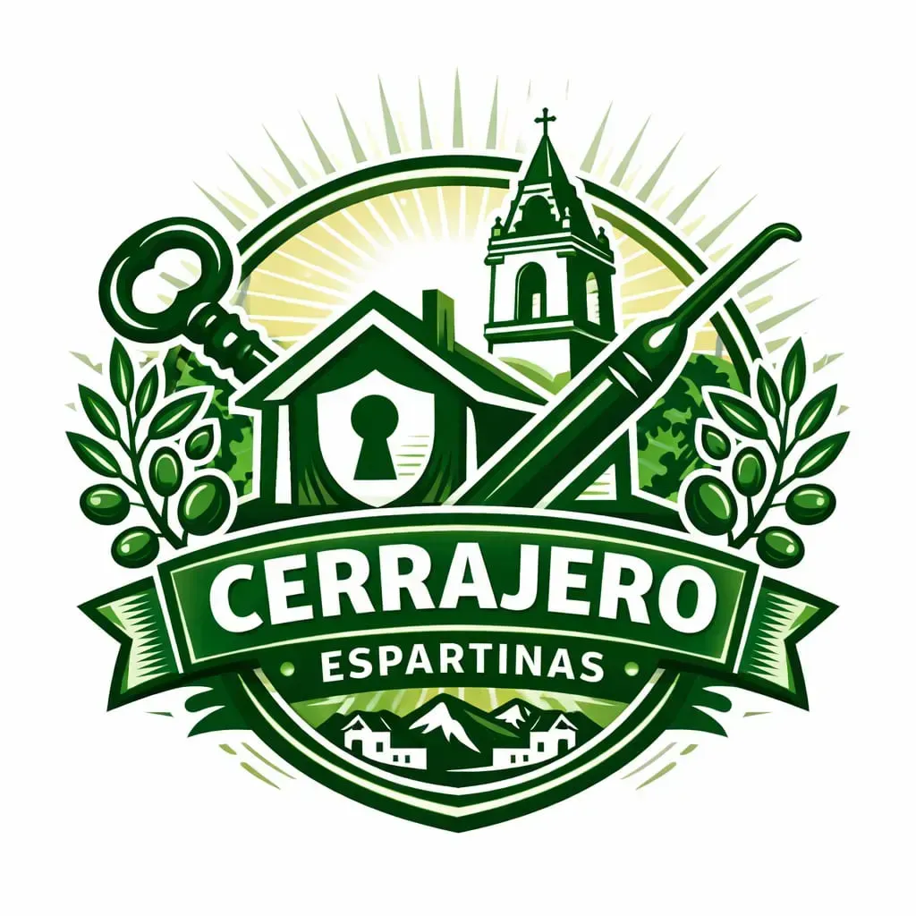 Logotipo de "Cerrajero Espartinas": un emblema verde que representa una casa, una llave y una torre