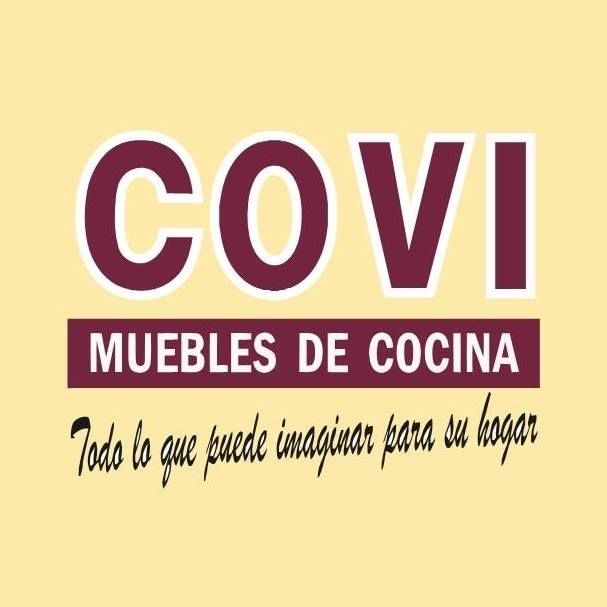 Logo for COVI. Burgundy text on a tan background, "COVI" with white outline. "Muebles de Cocina" below. Tagline reads 