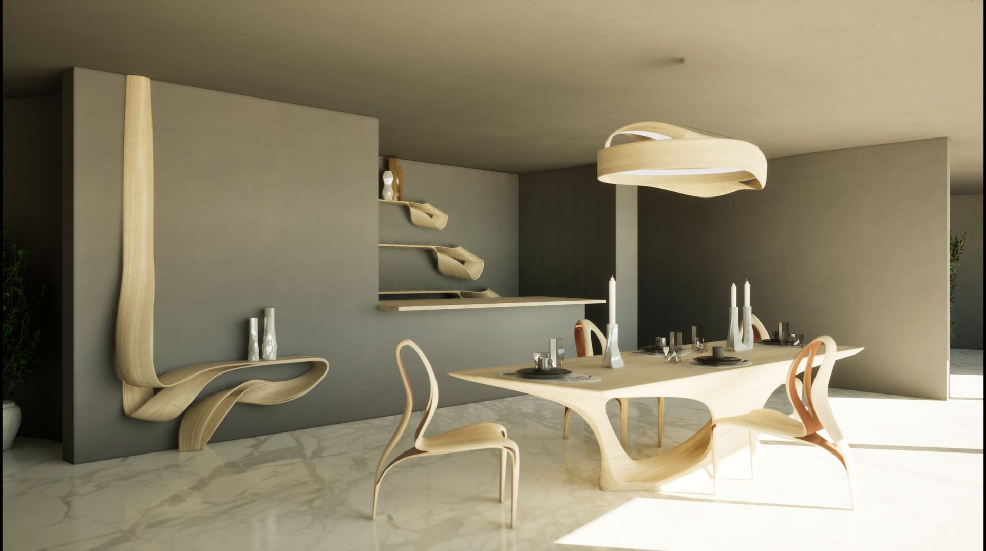 Un comedor moderno con mesa y sillas.