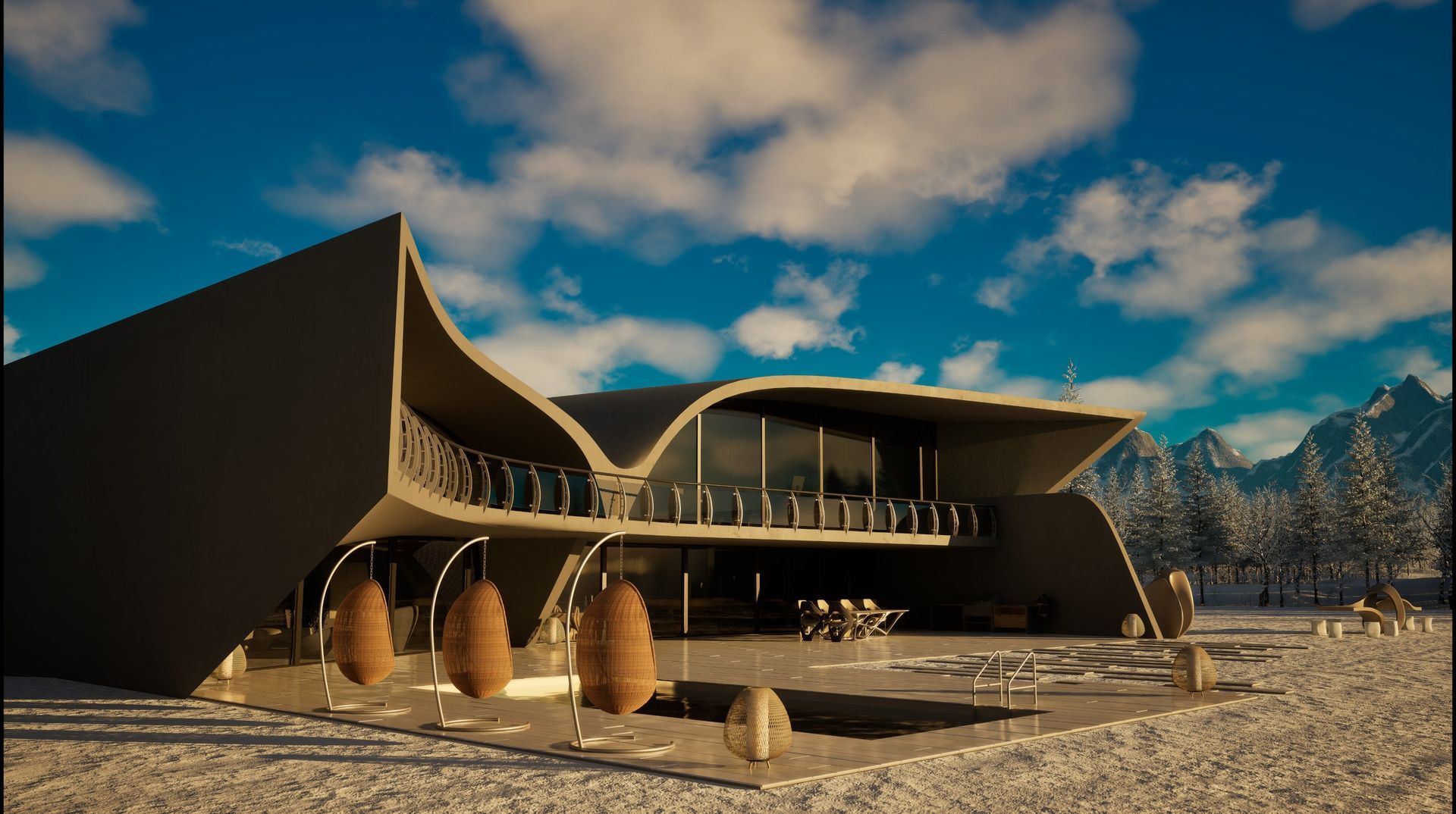 Una casa moderna en medio de un campo nevado con montañas al fondo.