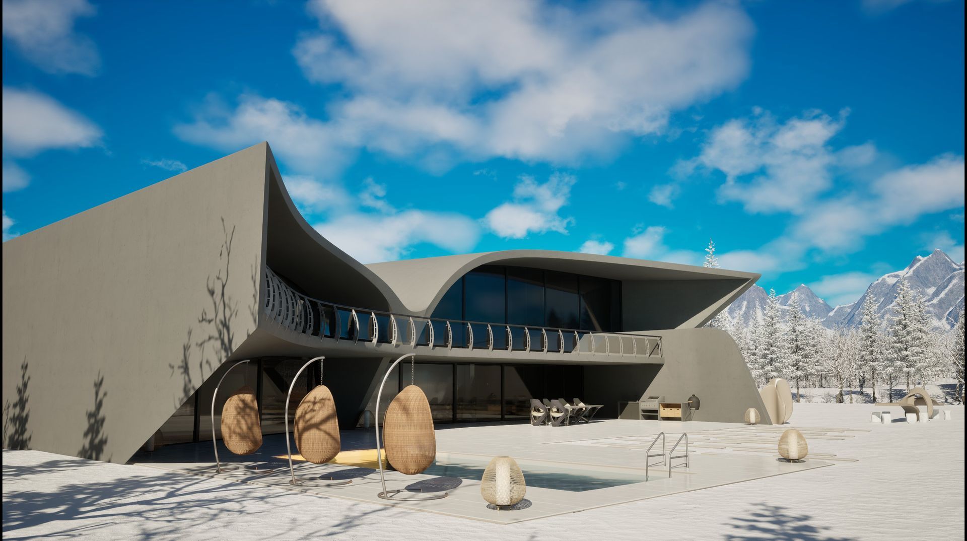 Una casa moderna está situada en medio de un campo nevado.