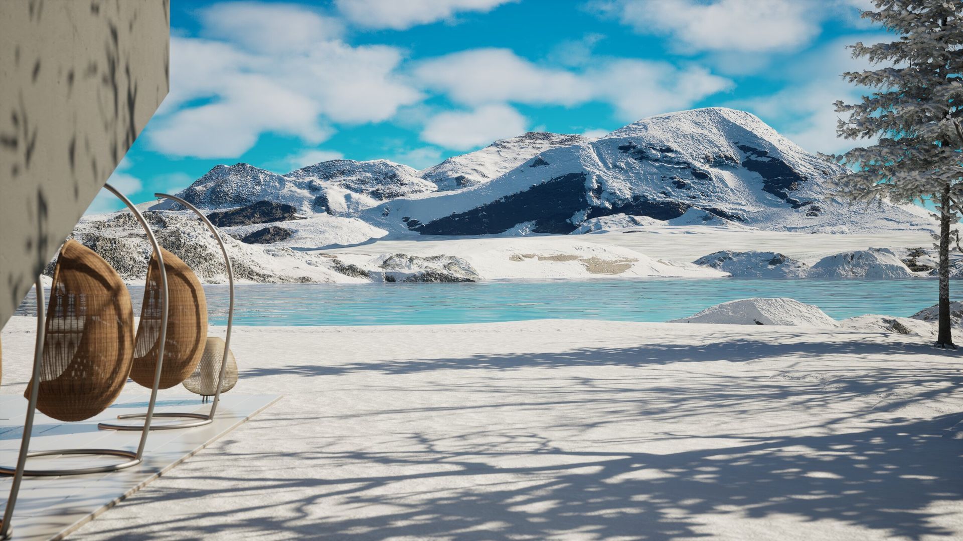 Un paisaje nevado con un lago y montañas al fondo.