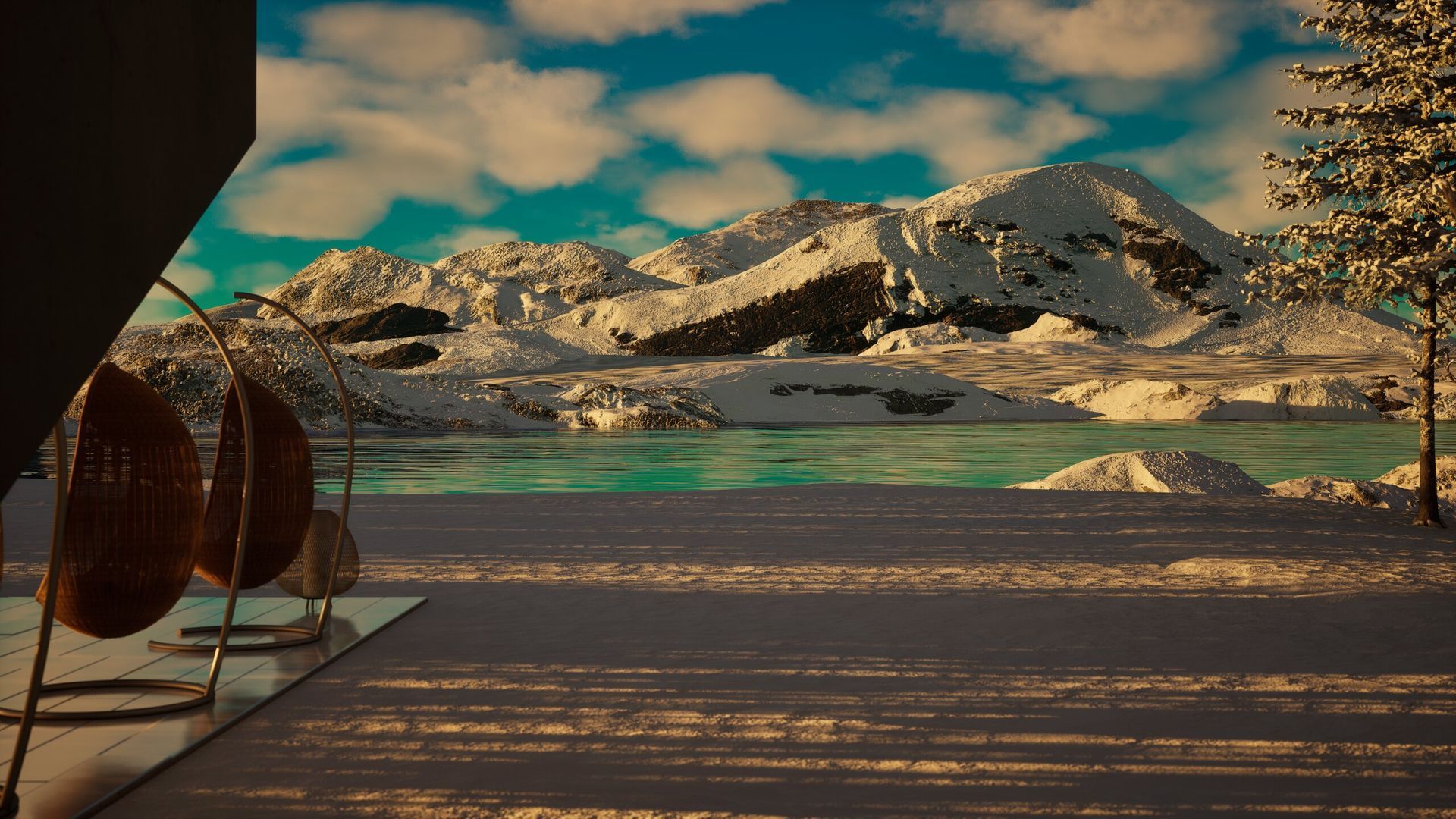 Una imagen generada por computadora de un paisaje de montaña nevada con un lago en primer plano.