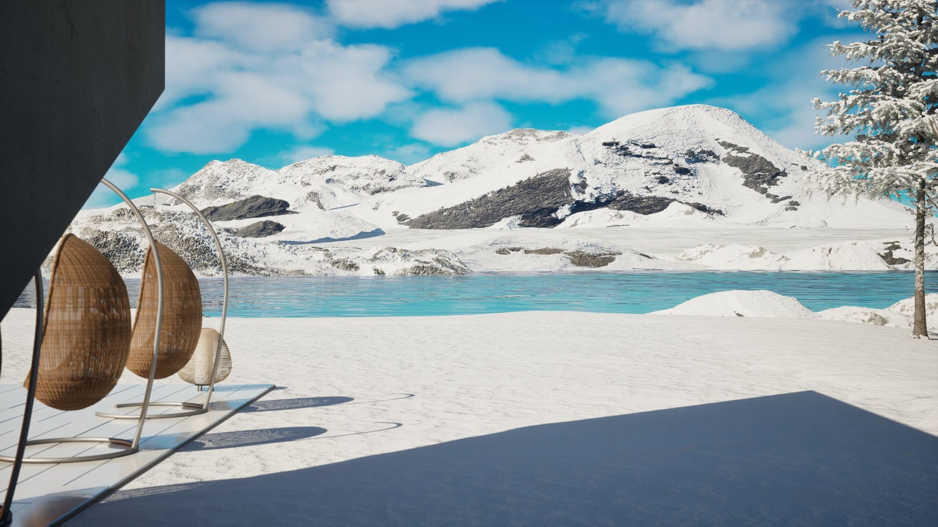 Una playa nevada con un lago y montañas al fondo