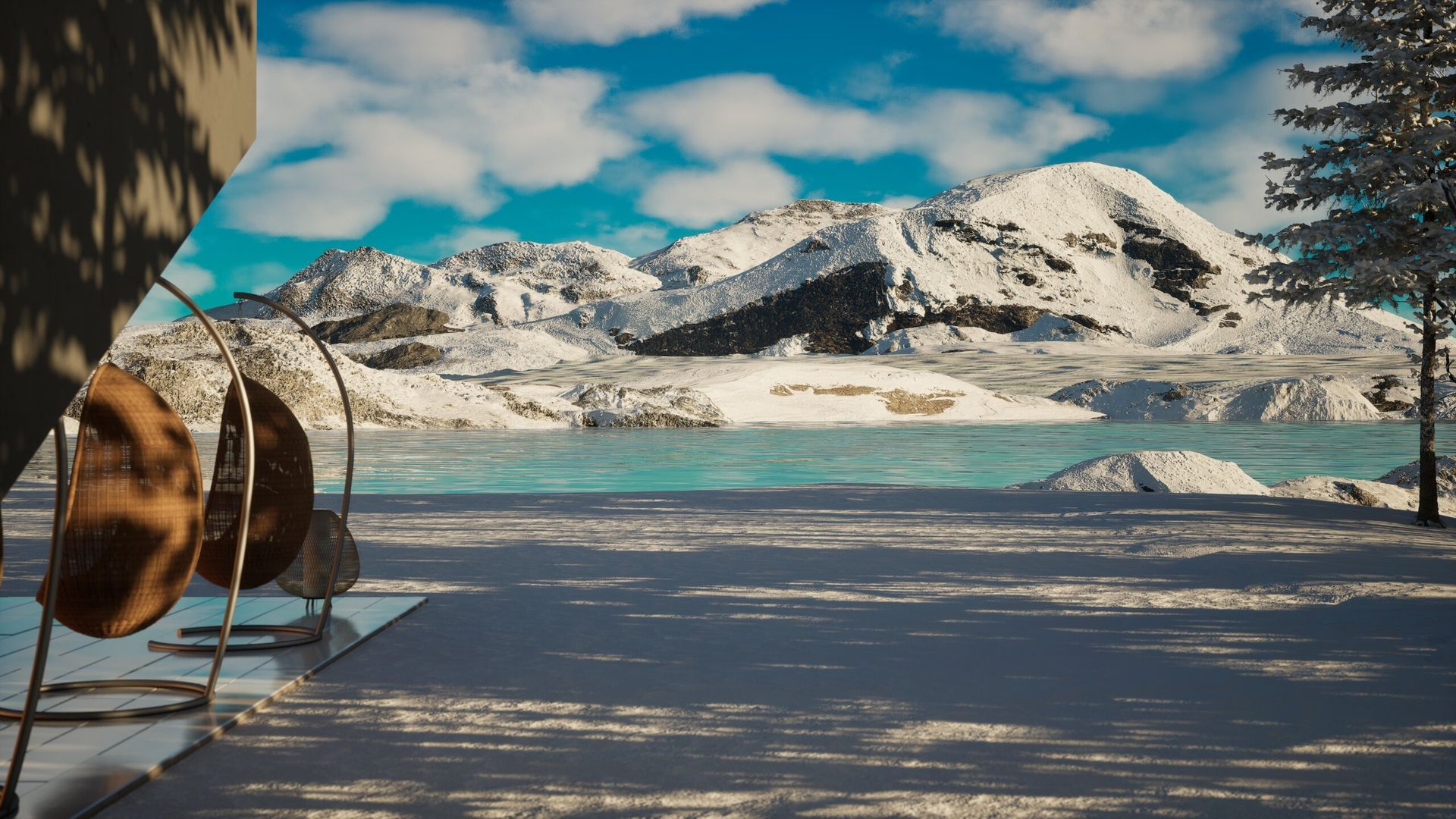 Un par de sombreros cuelgan de un perchero frente a una montaña nevada.