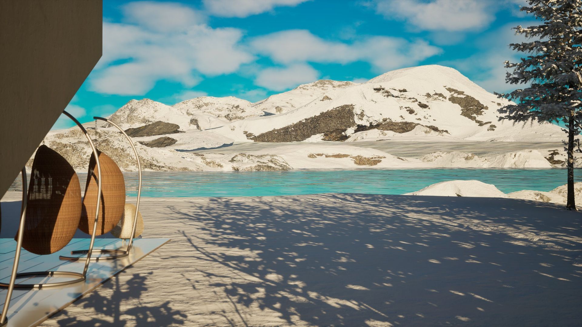 Un paisaje nevado con un lago y montañas al fondo.