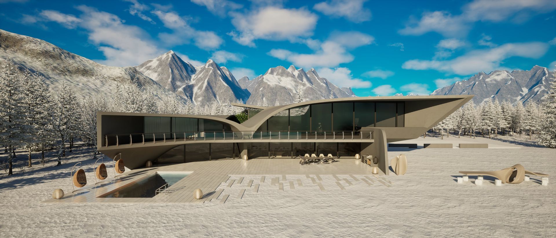 Una casa moderna se encuentra en medio de un campo cubierto de nieve con montañas al fondo.