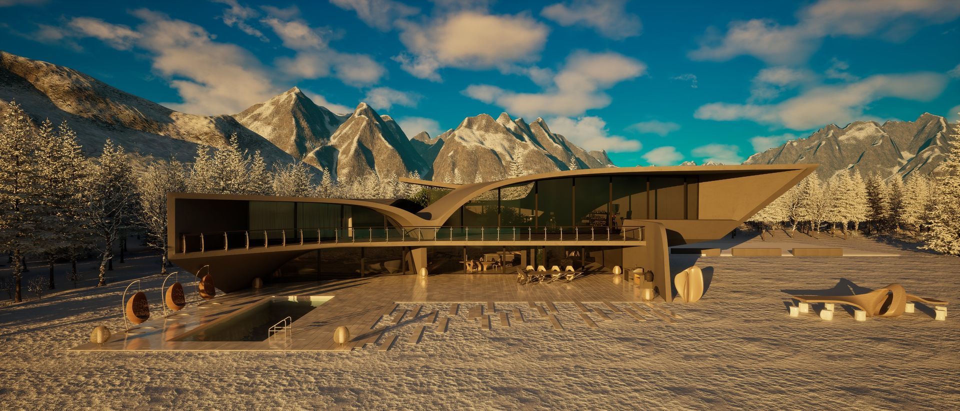 Una casa moderna en medio de un campo nevado con montañas al fondo.