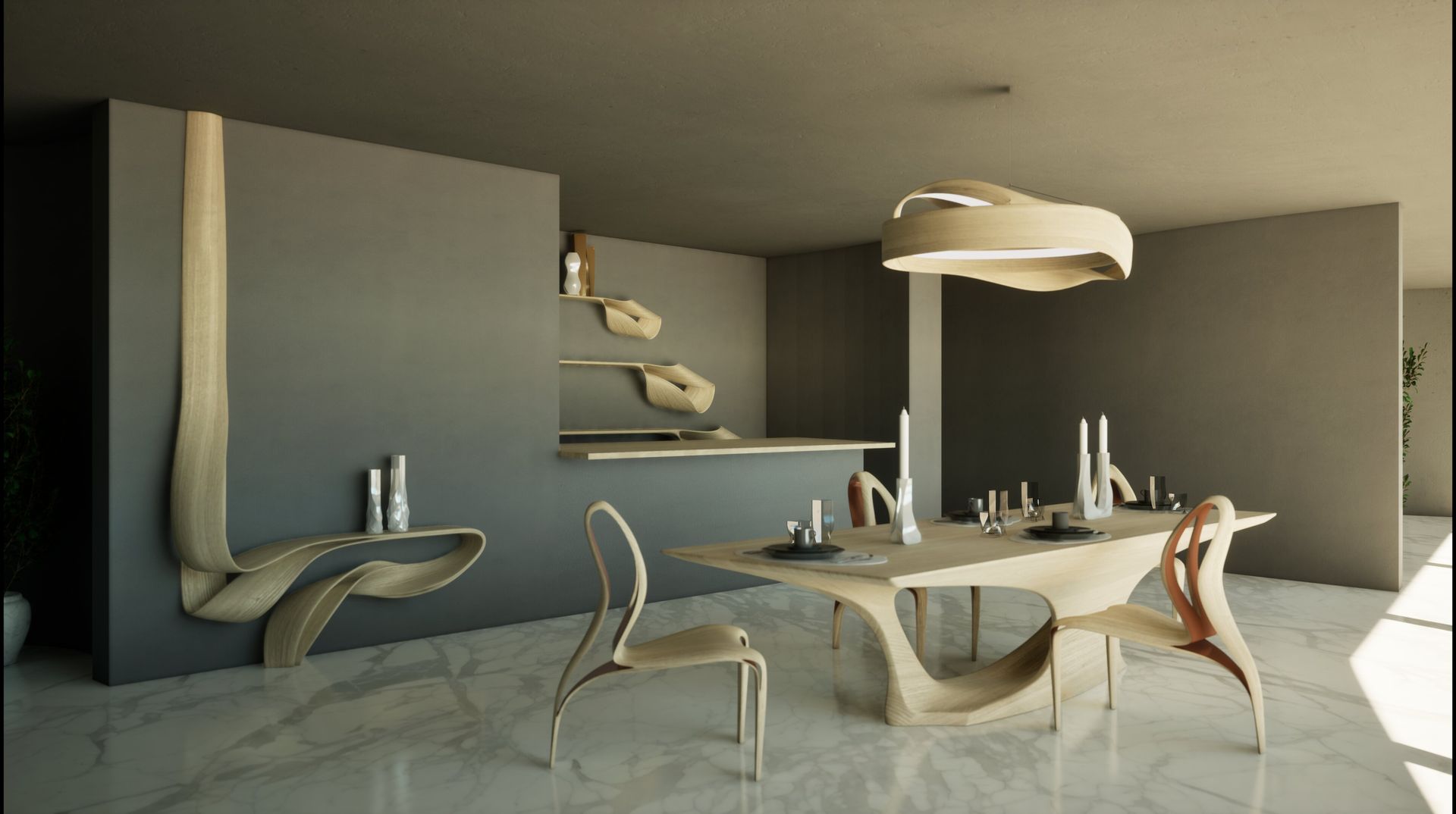 Un comedor moderno con mesa y sillas.