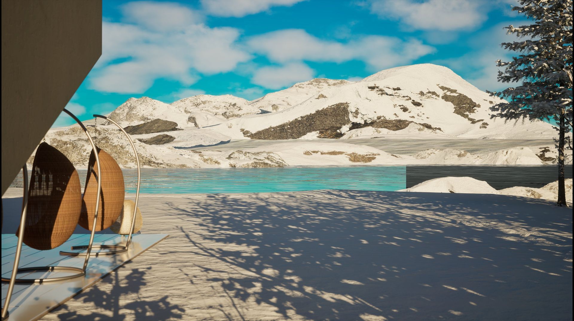 Una imagen generada por computadora de un paisaje nevado con un lago y montañas al fondo.