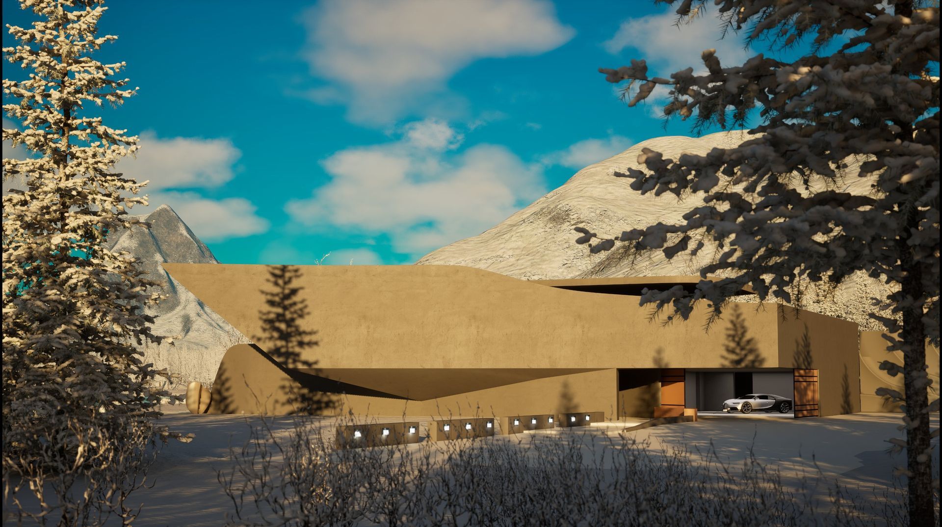 Una casa grande está rodeada de árboles y montañas cubiertos de nieve.