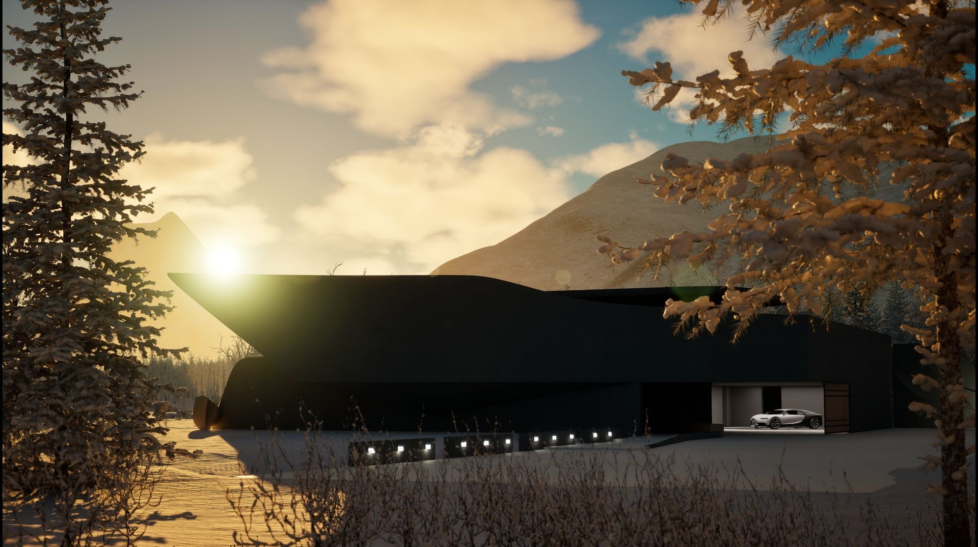 Una gran casa negra está situada en medio de un bosque nevado.