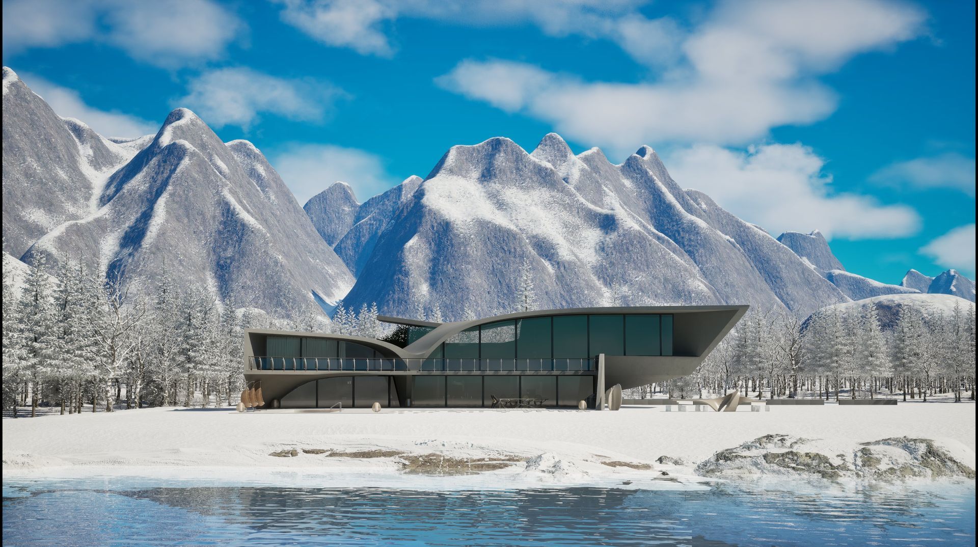 Una casa en la nieve con montañas al fondo