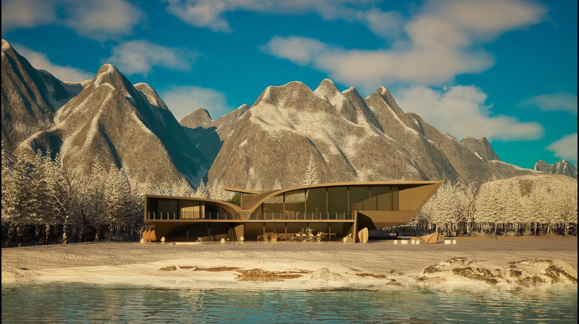 Una casa está sentada en la orilla de un lago con montañas al fondo.