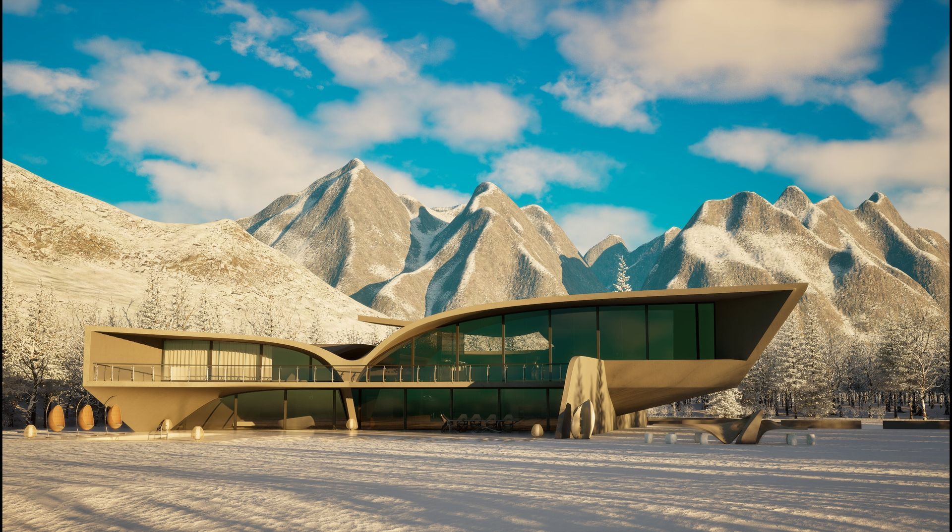 Una casa moderna está rodeada de montañas cubiertas de nieve.