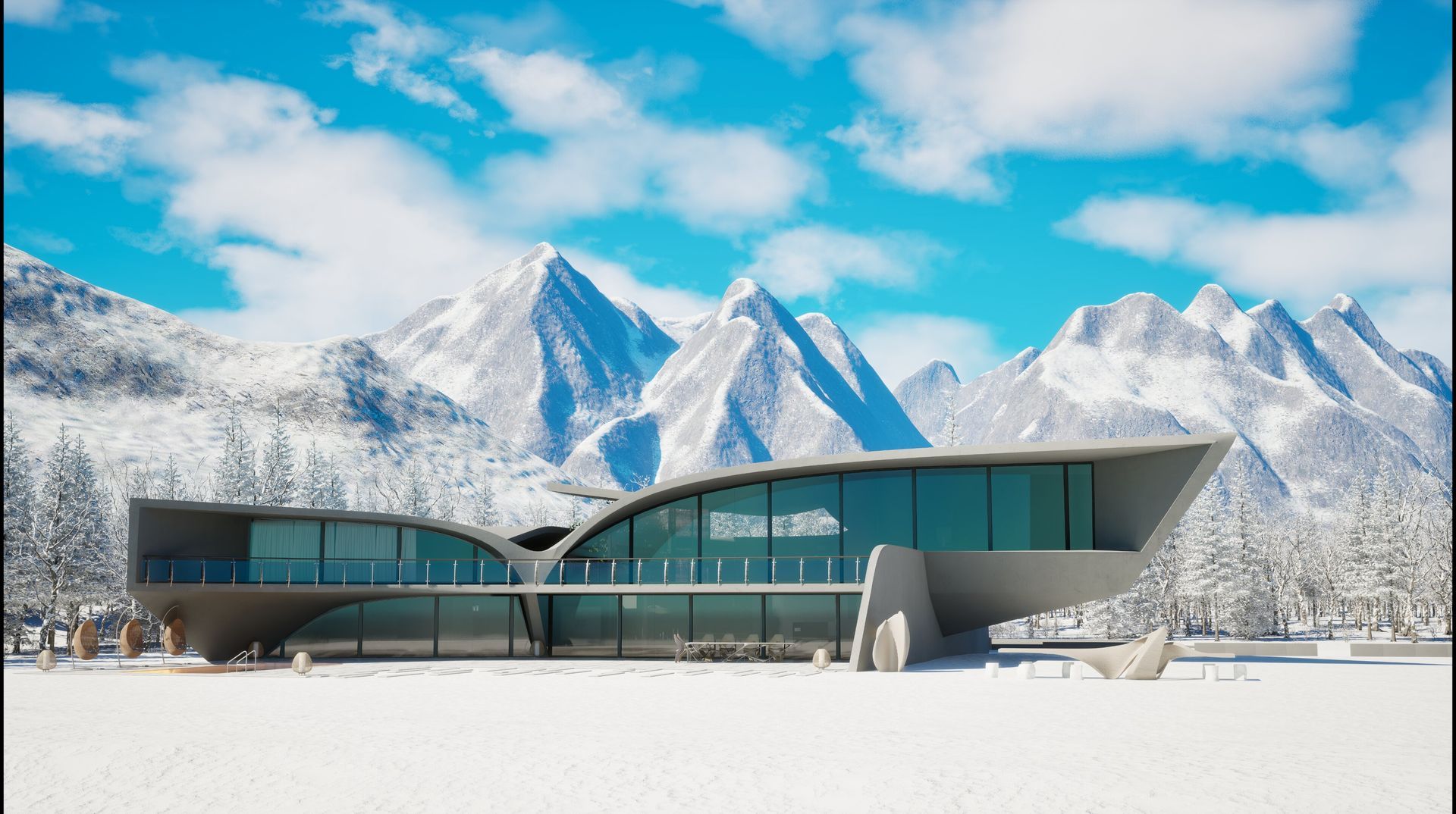 Una casa moderna está rodeada de montañas cubiertas de nieve.