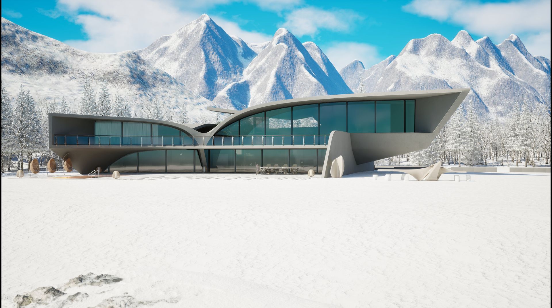 Una casa moderna en medio de un campo nevado con montañas al fondo.