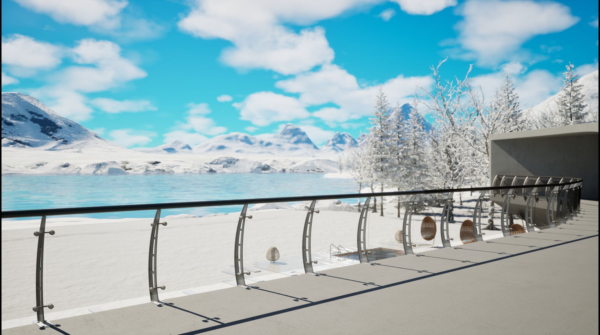 Un balcón con vistas a un lago nevado con montañas al fondo.