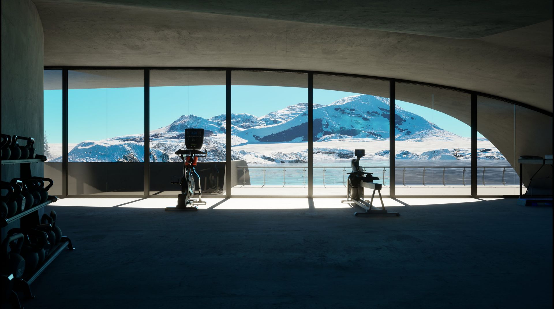 Un gimnasio con vista a una montaña y un cuerpo de agua.