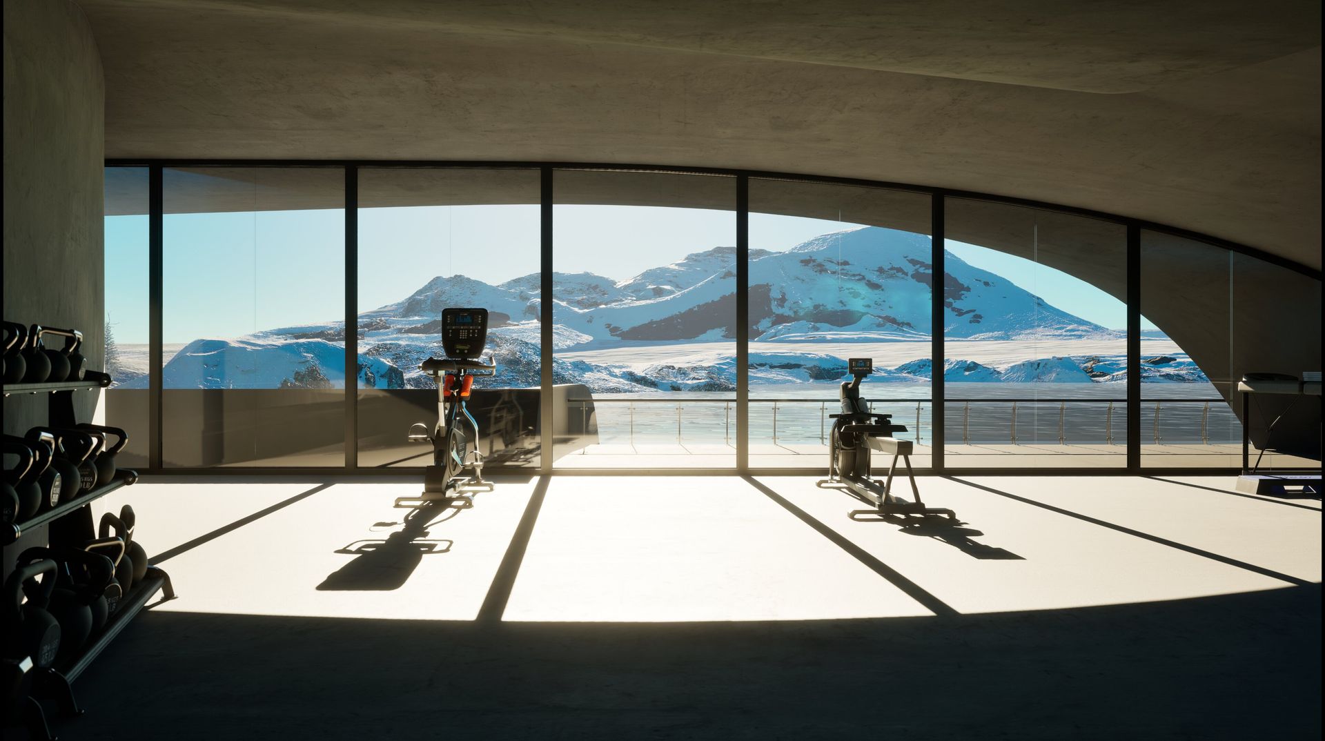 Un gimnasio con vista a las montañas y al lago.