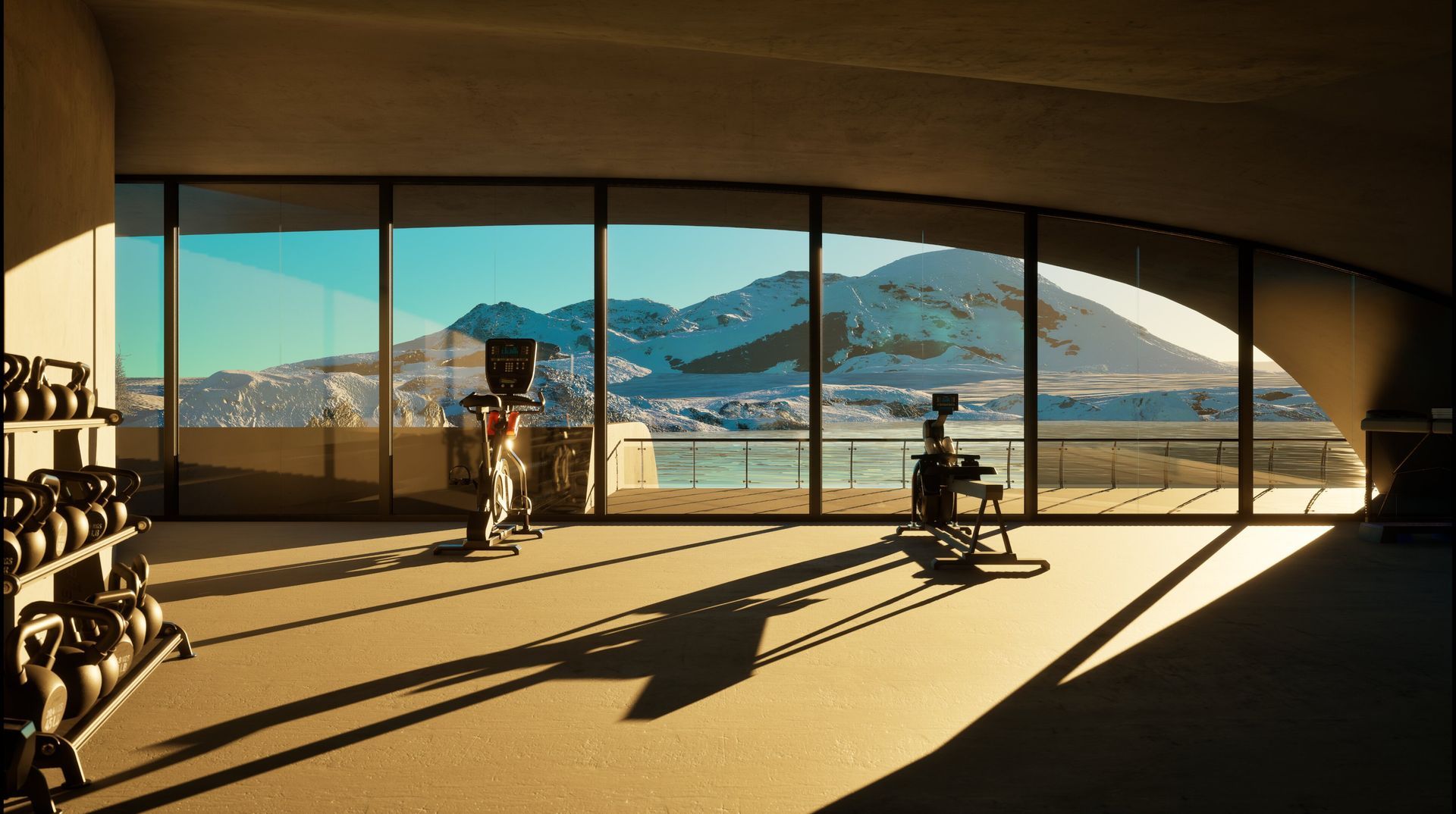 Un gimnasio con vista al mar y a las montañas.