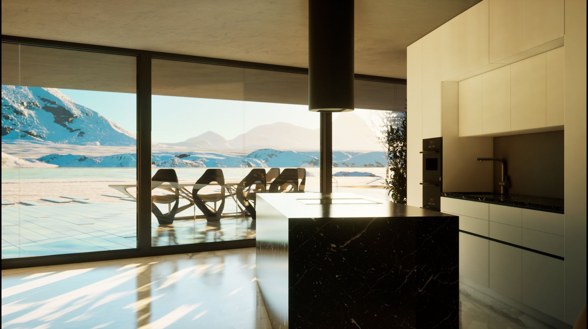 Una cocina con vista a un lago y a las montañas.