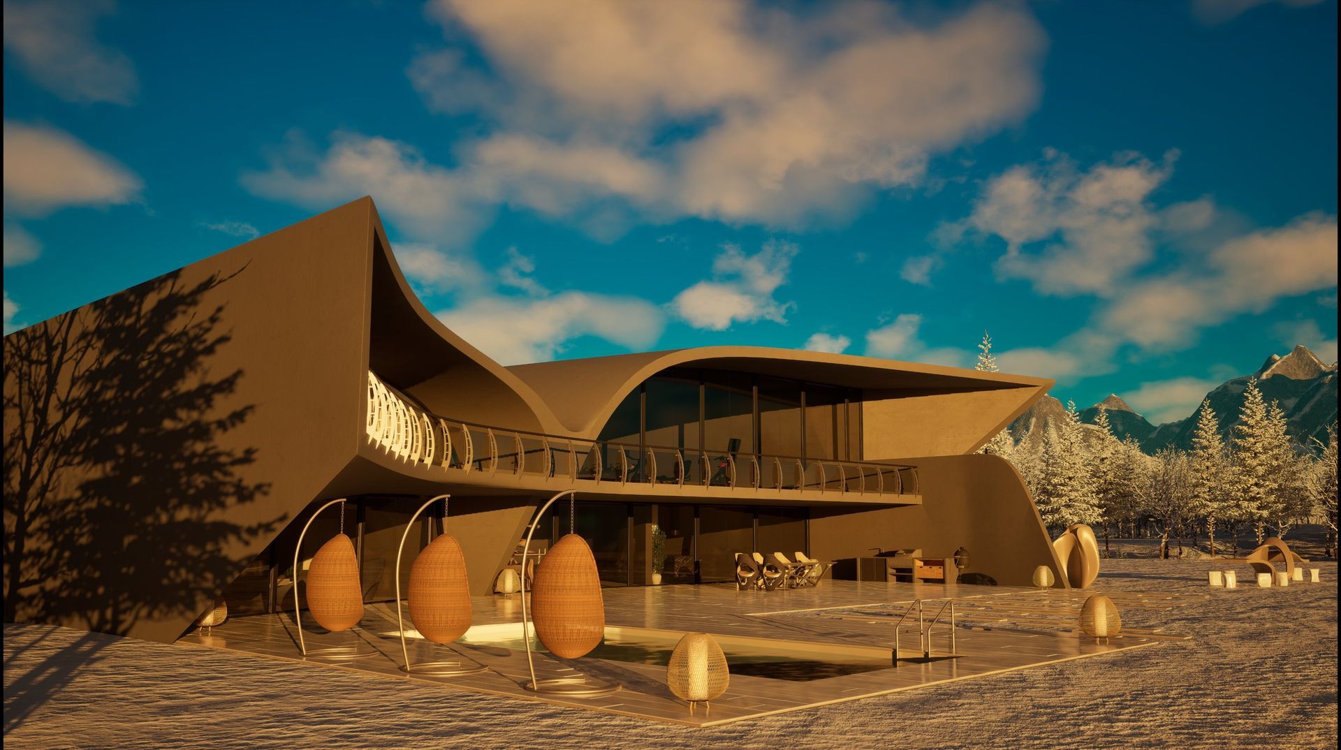 Un gran edificio se encuentra en medio de un campo nevado.