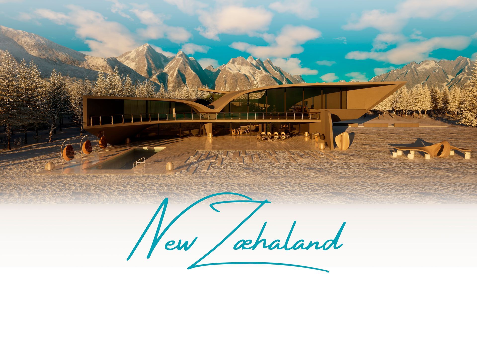 Una casa grande en medio de un campo nevado con montañas al fondo.