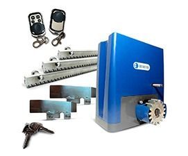 Un motor de puerta corrediza azul con controles remotos y llaves.