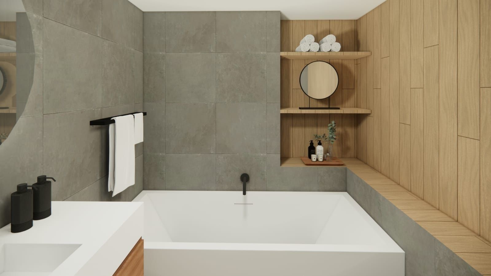 Un baño con bañera, lavabo, espejo y estanterías.