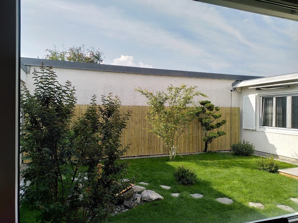 Kleiner Hinterhofgarten mit grünem Rasen, Trittsteinen, Sträuchern und einem Holzzaun neben einem weissen Haus