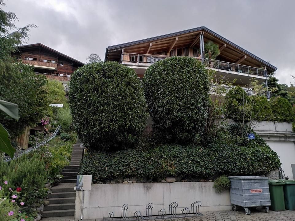 Hanghaus mit grossen, gestutzten Sträuchern, Treppe und einem Balkon über steinernen Stützmauern