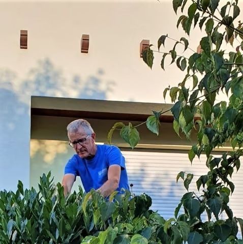 Mann im blauen Hemd stutzt Büsche in einem Hinterhofgarten