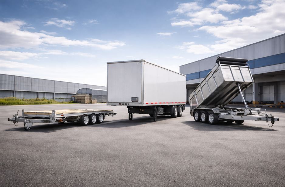 Tres remolques comerciales en un terreno pavimentado: plataforma, furgón y volquete con plataforma elevada. Cielo azul.