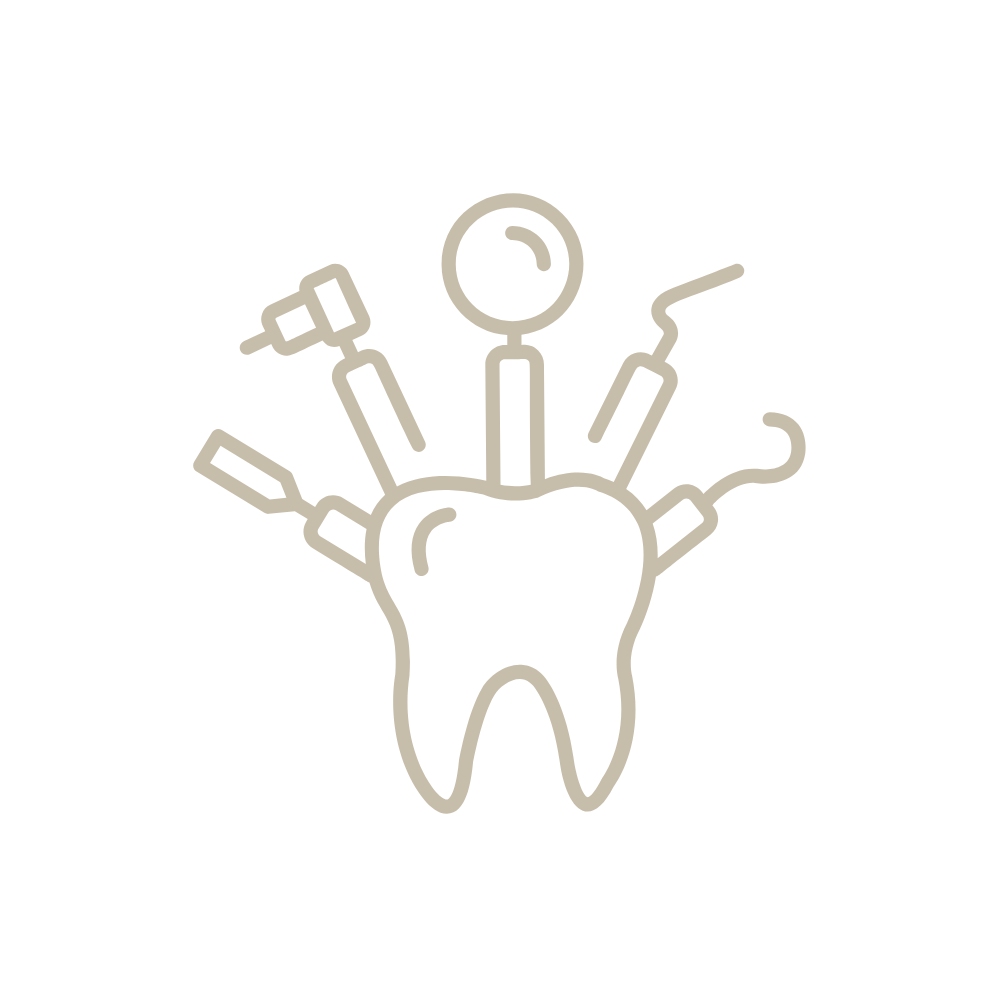 Un dibujo lineal de un diente con instrumentos dentales a su alrededor.