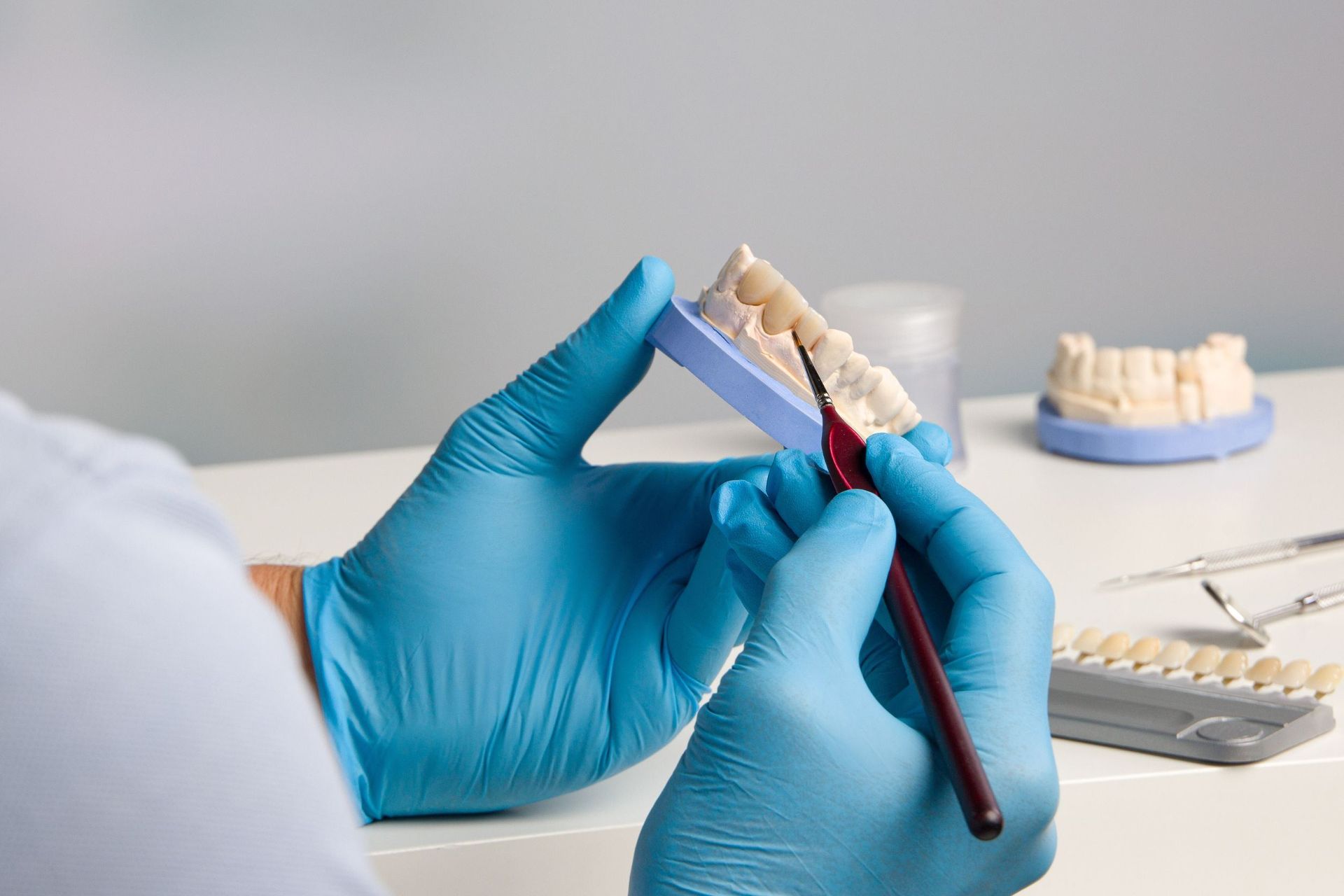Un dentista está trabajando en un modelo de dientes con un cepillo.
