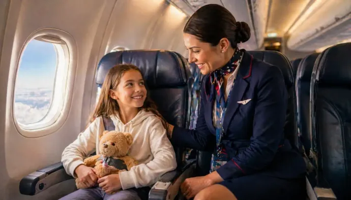 Una azafata sonríe a un niño que sostiene un osito de peluche en la cabina de un avión.