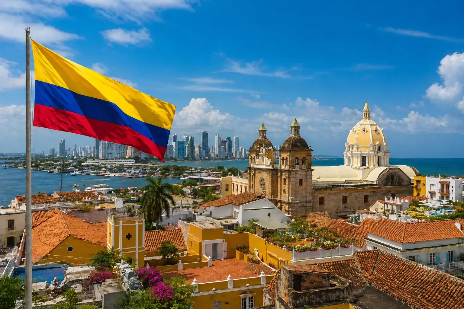 Bandera colombiana sobre el colorido casco antiguo de Cartagena y su catedral junto al mar.