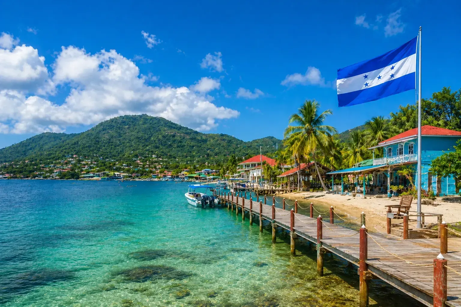 Un paseo marítimo tropical con un muelle, barcos, palmeras y una bandera azul y blanca junto a aguas turquesas.