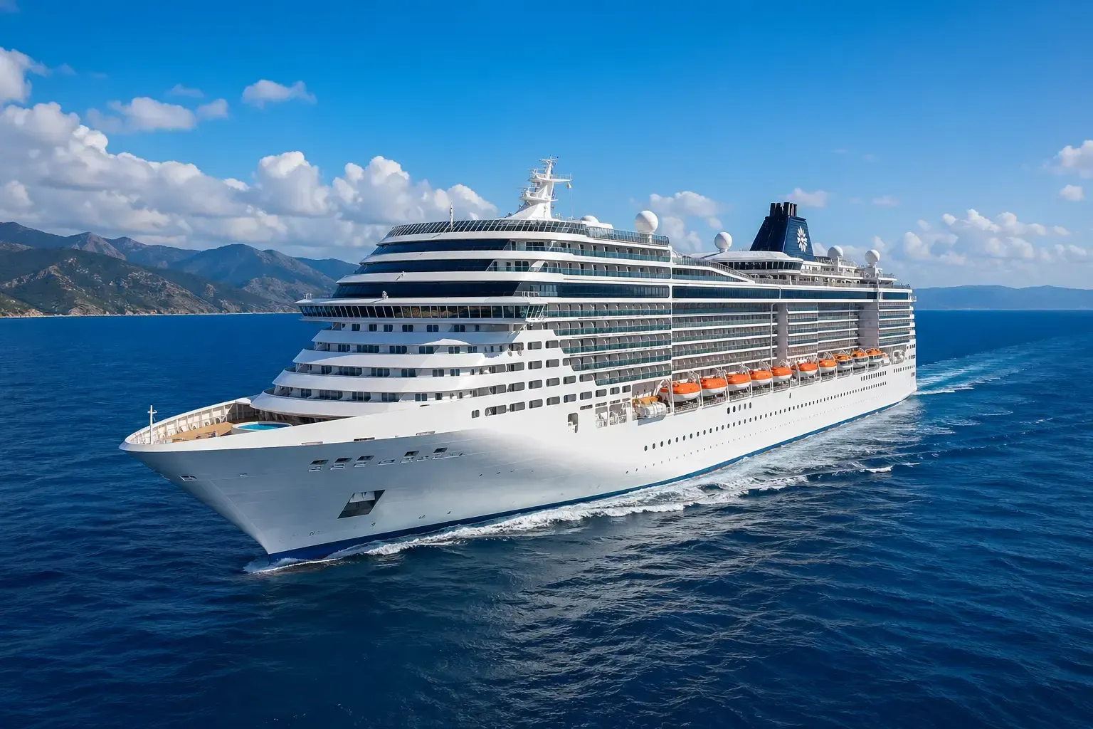 Un gran crucero blanco navegando sobre aguas azul 