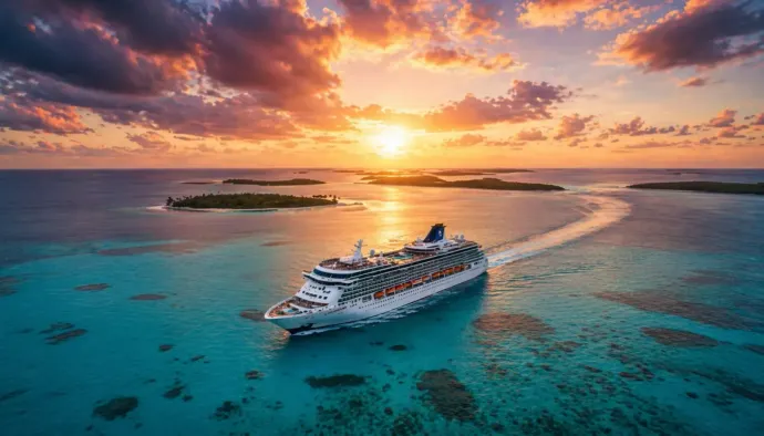Crucero navegando sobre aguas turquesas al atardecer cerca de una isla tropical.
