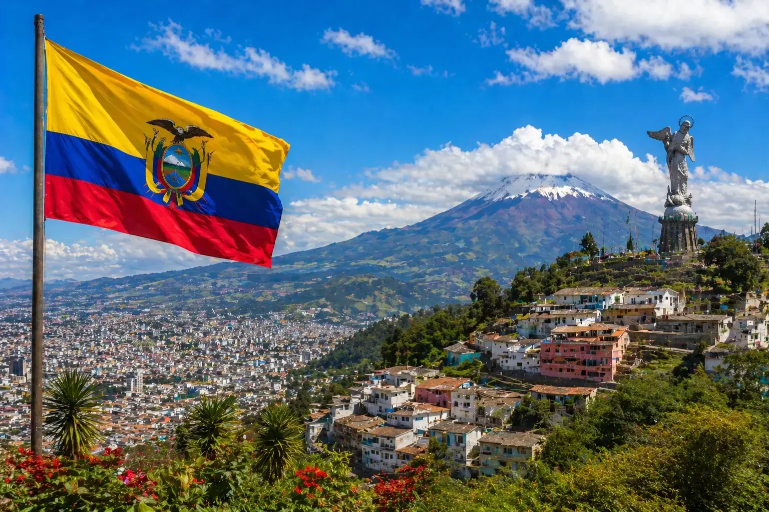Bandera ecuatoriana sobre una ciudad en la ladera de una colina con una montaña y una estatua al fondo.