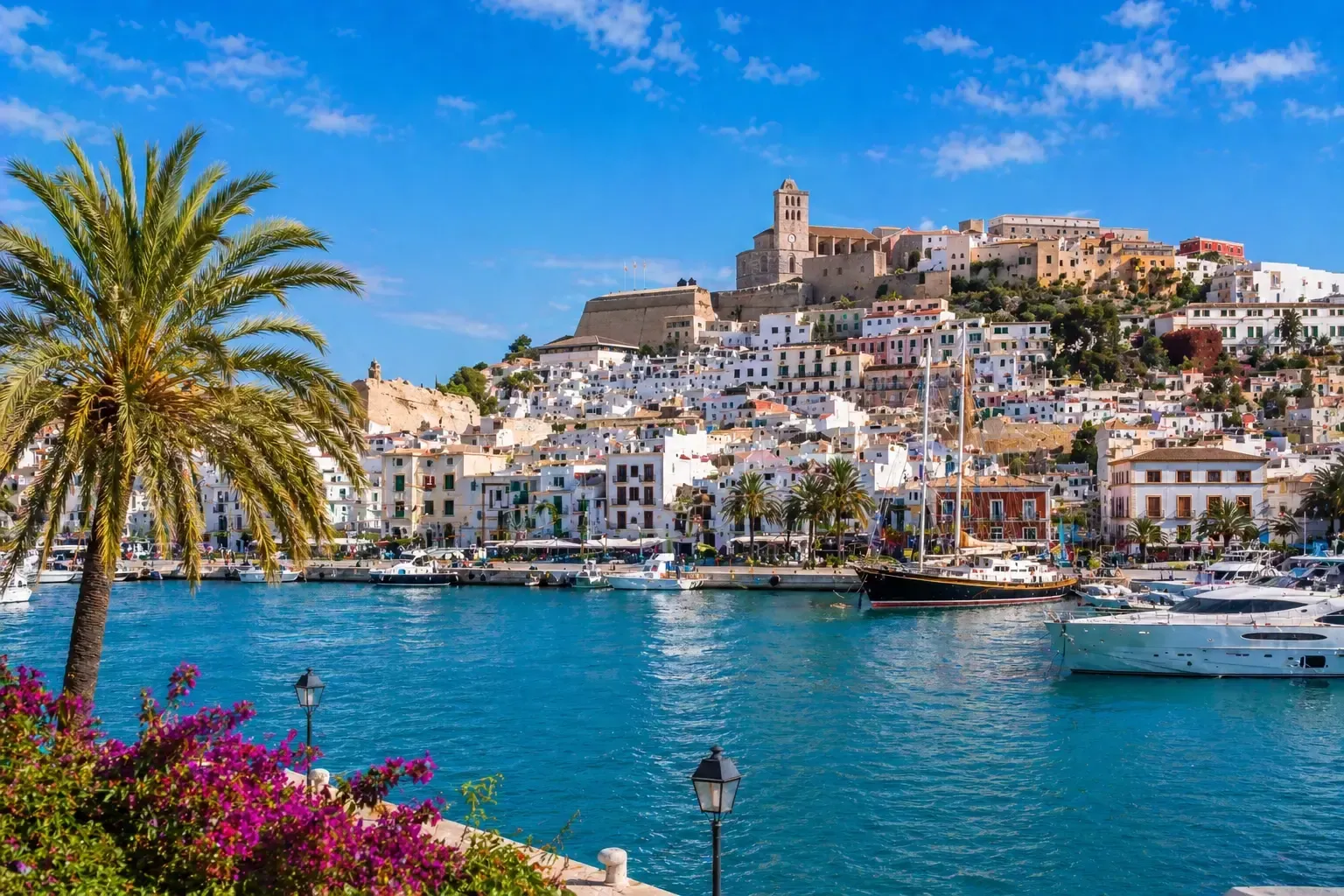 Pueblo portuario con edificios blancos en la ladera, palmeras, agua azul y barcos bajo un cielo brillante.
