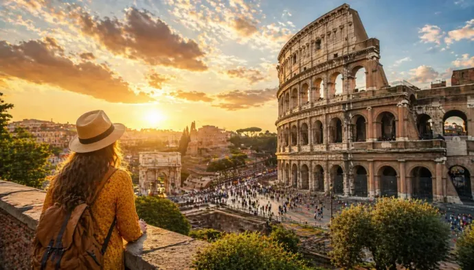 Viajero con sombrero contemplando el Coliseo al atardecer, con un cálido cielo dorado y vista de la ciudad.