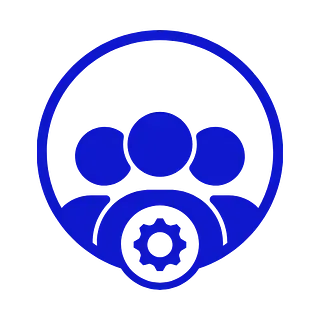 Un icono azul de un grupo de personas con un engranaje en el medio.