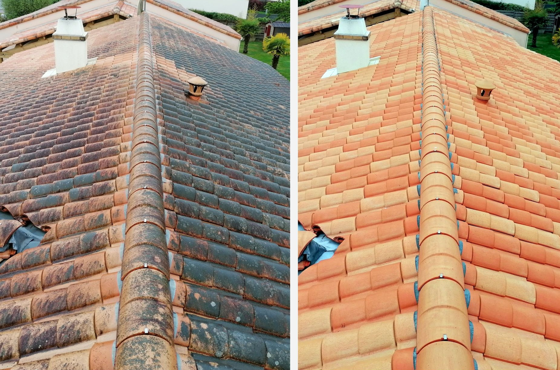 Comparaison d'un toit en tuiles de terre cuite sales et propres, montrant les résultats avant/après nettoyage.