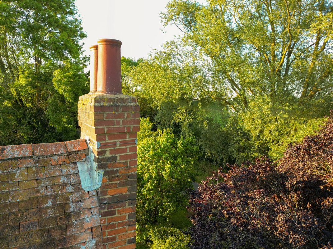 Cheminée en briques avec deux conduits en terre cuite sur fond de feuillage vert et violet.