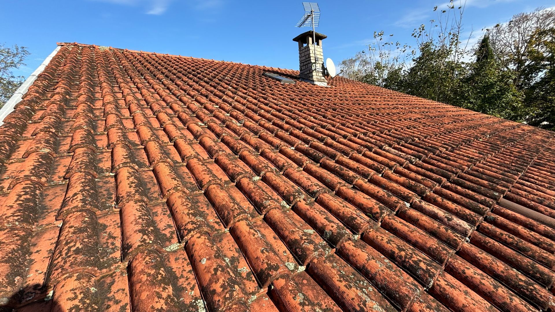 Toit de tuiles en terre cuite rouge recouvert de mousse, cheminée et girouette sous un ciel bleu.
