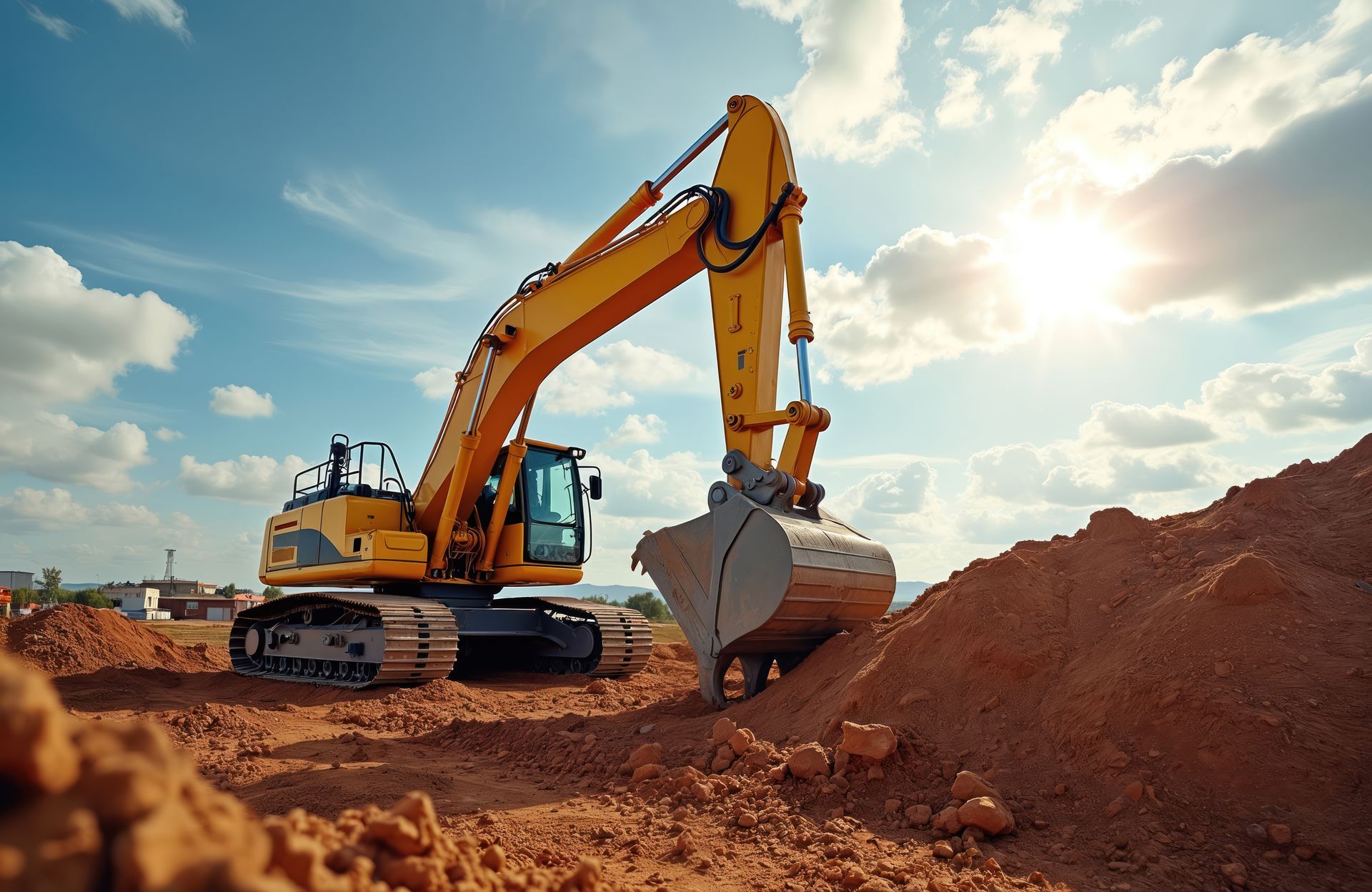 Une pelleteuse jaune creuse un tas de terre sous un soleil radieux et un ciel bleu.