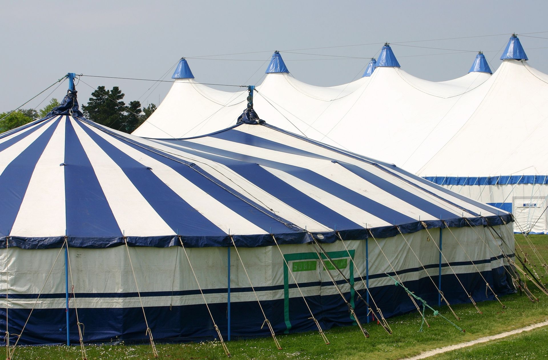 Des chapiteaux de cirque à rayures bleues et blanches sur un terrain herbeux sous un ciel dégagé